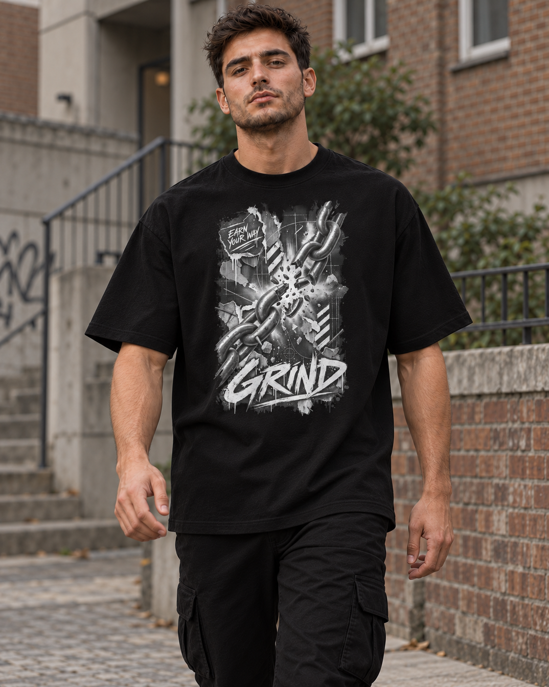 YZEE – "EARN YOUR WAY" GRIND OVERSIZED UNISEX BIO-T-SHIRT